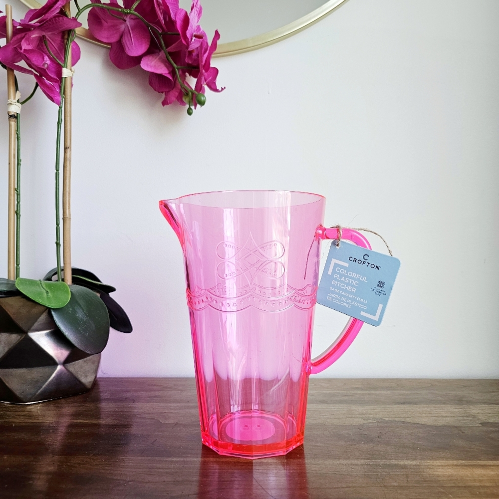 Crofton Colorful Pink Plastic Pitcher 54 Oz Capacity (1.6L) Dishwasher Safe